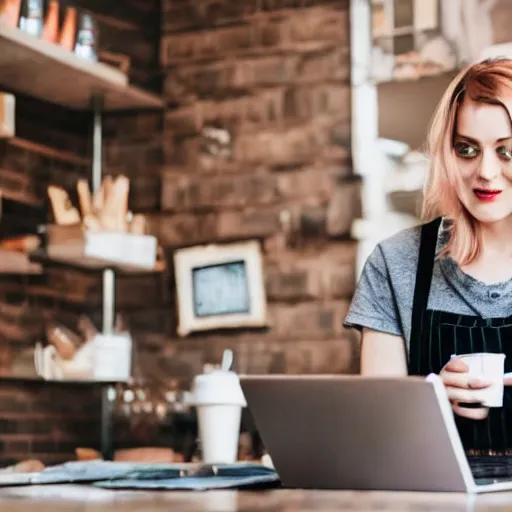 Prompt: a crazy woman working in a coffee shop