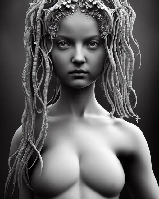 Image similar to mythical dreamy underwater artistic black and white 3 d render of a translucent beautiful young female angelic - medusa - vegetal - doll, highly detailed, intricate crystal ivy jelly ornate, poetic, translucent algae ornate, digital art, octane render, 8 k artistic photography, photo - realistic, hg giger flora borsi