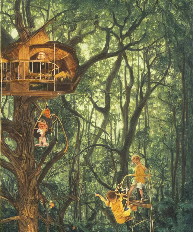 Image similar to masterful oil on canvas painting, eye - level view, shot from 5 0 feet distance, of a kid playing in a treehouse. in the background is a whimsical sparse forest. golden hour, detailed, depth, volume, chiaroscuro, quiet intensity, vivid color palette. by tex avery and gerald brom