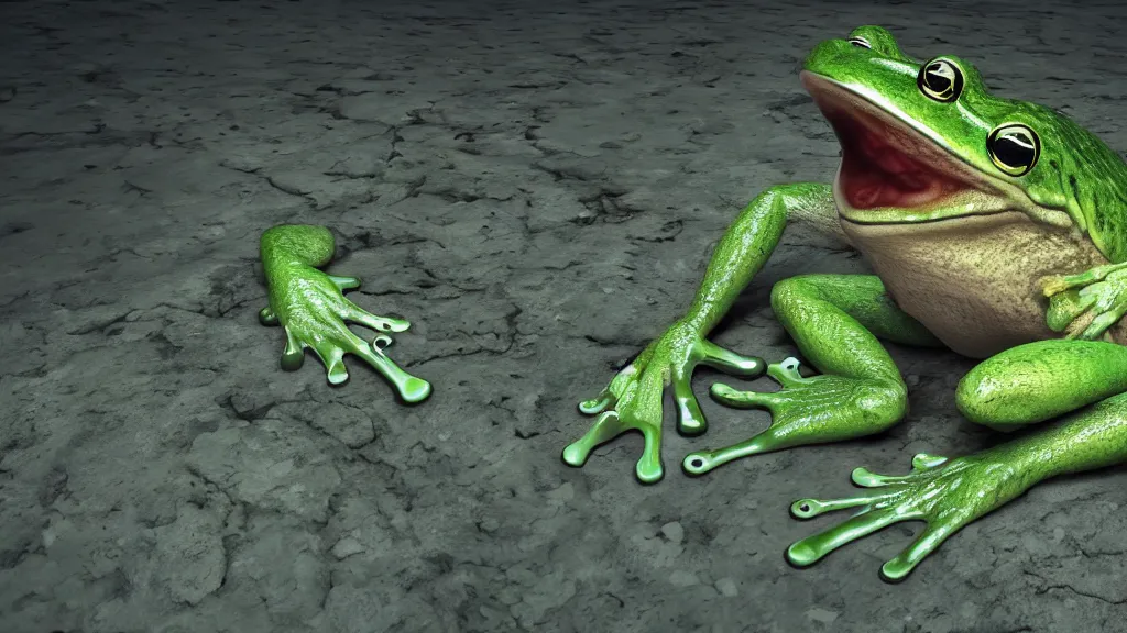 Image similar to the frog is god, neosurrealism, cosmic horror, made in blender, ultra realistic, octane render hd 4 k, highly detailed, cinematic lighting, superb resolution