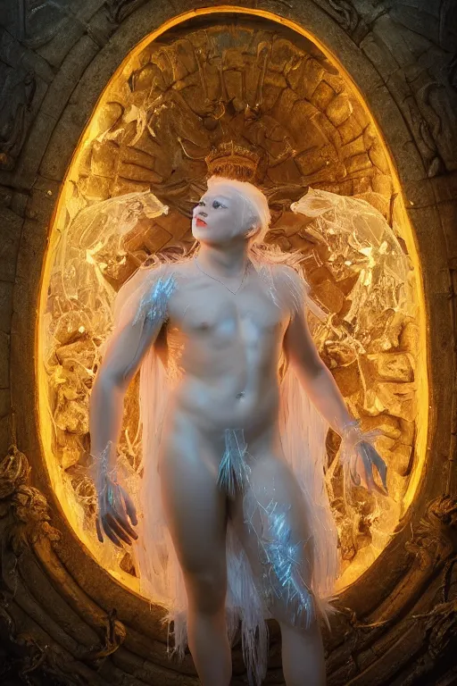 Image similar to full-body rococo and cyberpunk delicate neon crystalline sculpture of ((young muscular albino prince Sean Mendez)) as an iridescent humanoid deity wearing a thin see-through ((plastic hooded cloak)) (holding a human skull) in a white castle dungeon, reclining con (((las piernas abiertas))), glowing pink face, crown of (pink lasers), large blue diamonds, swirling black silk fabric. futuristic elements. oozing glowing liquid, full-length view. space robots. intricate artwork by caravaggio. Trending on artstation, octane render, cinematic lighting from the right, hyper realism, octane render, 8k, depth of field, 3D