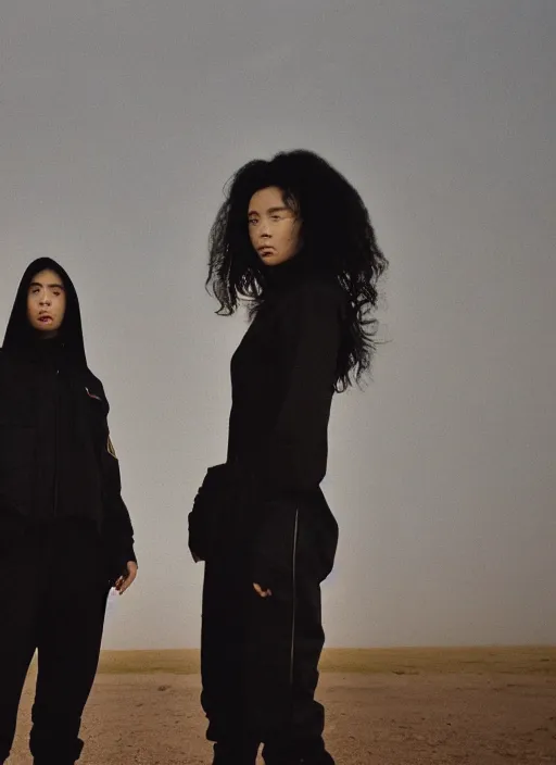 Image similar to photographic portrait shot on cinestill 5 0 d of two loving clones, women wearing black techwear on a desolate plain with a red sky, closeup, diverse race, cyberpunk, in front of a brutalist dark metal facility, dust storm, 3 5 mm, 8 k, depth of field, high resolution, ultra realistic faces