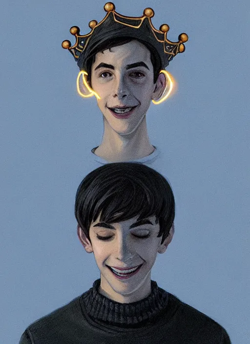 Image similar to portrait of teenage jughead jones wearing a light grey crown, crown, blue turtleneck, closed eyes, eyes closed, smile, crown, black hair, intricate, elegant, glowing lights, warm lighting, highly detailed, digital painting, artstation, concept art, smooth, sharp focus, illustration, art by wlop, mars ravelo and greg rutkowski