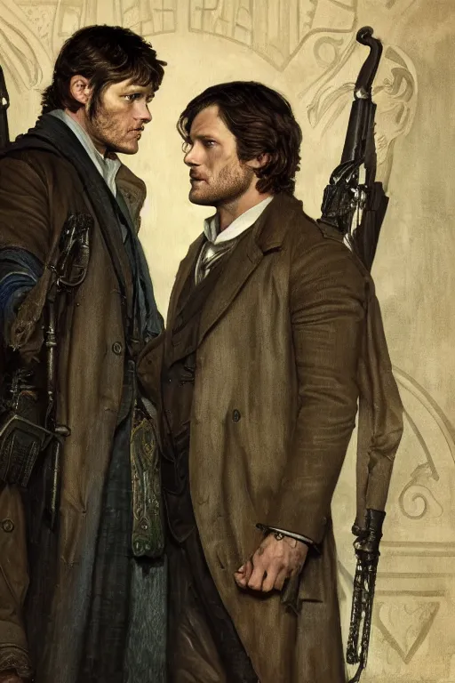 Image similar to a detailed matte portrait of jensen ackles and jared padalecki as sherlock holmes and watson, masterpiece, 8 k, art by alphonse mucha and greg rutkowski