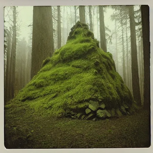 Prompt: a mossy rock pyramid in the middle of a forest clearing, foggy, eerie, creepy, unsettling, lost footage, old polaroid, expired film,