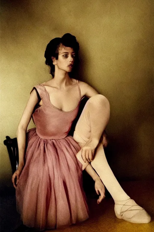 Image similar to hyperrealism fashion portrait girl in a ballet dress and army boots sits on a silk fabric by Roversi photo from The Holy Mountain by Alejandro Jodorowsky in style of Francisco Goya
