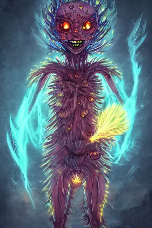 Prompt: a glowing humanoid figure dandelion monster with large glowing eyes, surrounded by elemental flames, highly detailed, digital art, sharp focus, trending on art station, artichoke, anime art style