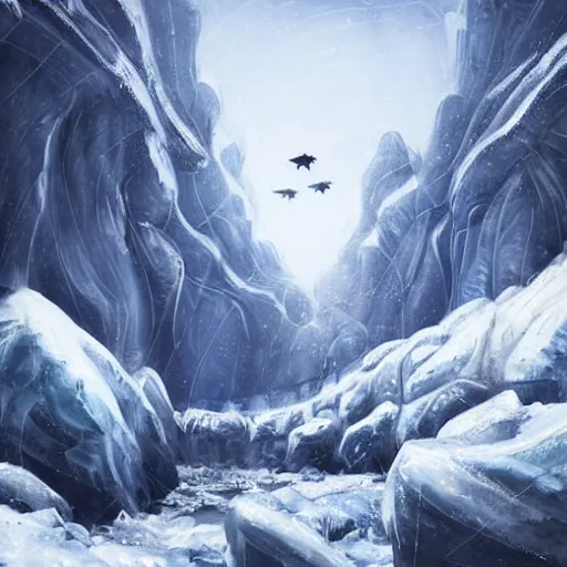 Image similar to A majestic ice cave a river and mountains. A small group of birds is flying in the sky. Harsh winter. very windy. There is a man walking in a deep snow.Camera is positioned behind the man. Cinematic, very beautiful, painting in the style of Lord of the rings