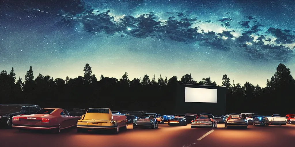 Image similar to a drive in movie theater with a line of cars, detailed, volumetric lighting, starry night, dusk