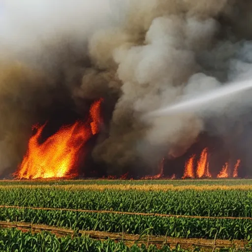 Image similar to a small vintage farm on fire in a corn field