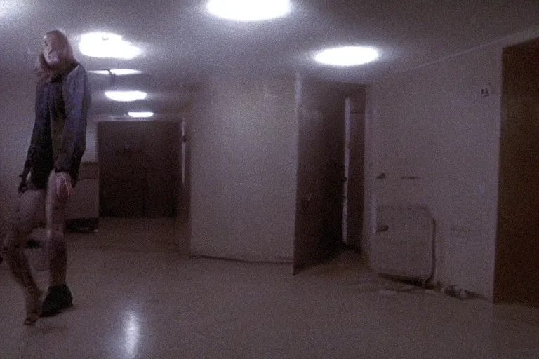 Prompt: 2 0 0 0 s footage of a hideous demon standing in a dimly lit empty room