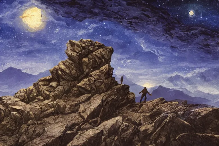 Prompt: Landscape view of a Rocky mountain, only one man climbing the rocks with his bare hands, at a starry night, no lights beside the luminance of the full moon, night atmospheric lights, trending on artstation, hyper detailed