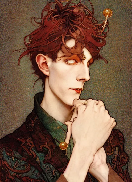 Image similar to edmund dulac, leyendecker, highly detailed portrait, a beautiful androgynous young ron wood, long hair, tall and thin, wearing several pendants, art nouveau, stephen bliss, unreal engine, by greg rutkowski, loish, ferdinand knab, ilya kuvshinov, rossdraws, tom bagshaw, alphonse mucha, global illumination, radiant light