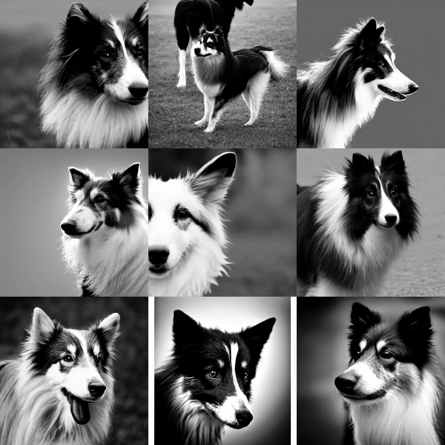 Prompt: a black and white silouhette of a side portrait of a shetland sheepdog, trending on dribbble