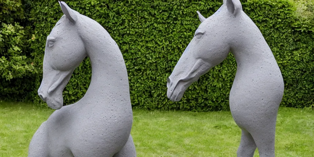 Prompt: art magazine photo, folk art garden sculptures in an english cottage garden, concrete sculpture of a horse, sculpture by wouterina de raad!!!, art by james tellen, highly detailed, realistic anatomical proportions, textured hand built concrete sculpture, amazing concrete sculpture, 4 k