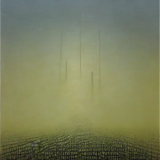 Prompt: arm reaching out of thick fog, symetrical rows of stone blocks in far distance, floating in mid - air, lined up vertically, zdzislaw beksinski