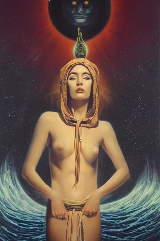 Image similar to gorgeous robed cult girl performing realism third eye ritual, dark theme night time, expanding energy into waves into the ethos, epic surrealism 8k oil painting, portrait, perspective, high definition, post modernist layering, by David A. Hardy, Gerald Brom