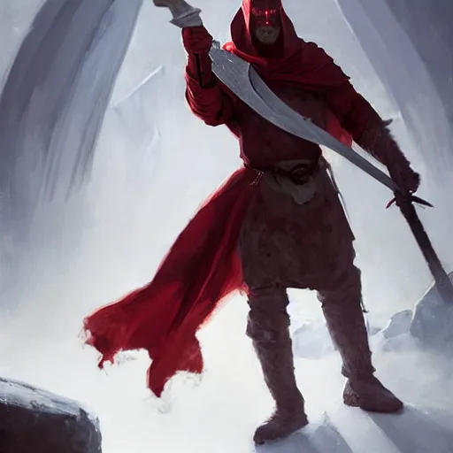 Image similar to a portrait of a red - skinned dragonborn monk in a plain white cloak white cloak, holding a spear with a black tip, fantasy art by greg rutkowski