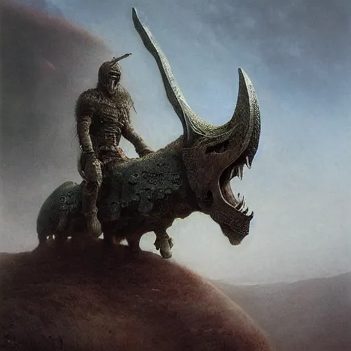 Prompt: triceratops rider in norse armor concept, beksinski