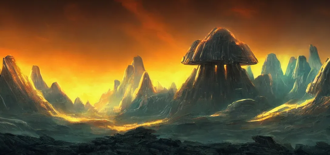 Prompt: an ancient alien civilization with large scifi structures, an orange dramatic sky, warm cool color scheme, cinematic quality, no blur, sharp focus, highly detailed