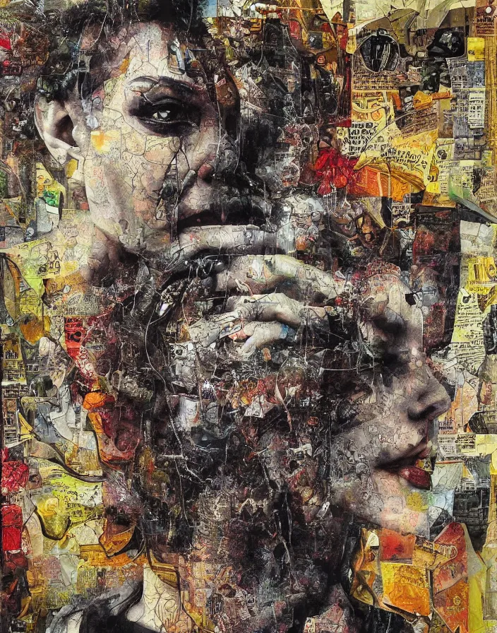 Image similar to distortion of reality detailed mixed media collage with canvas texture, conteporary art, punk art, realistic face, photorealistic, expressionism, masterpiece, perfect composition, spectacular quality, intricate oil details