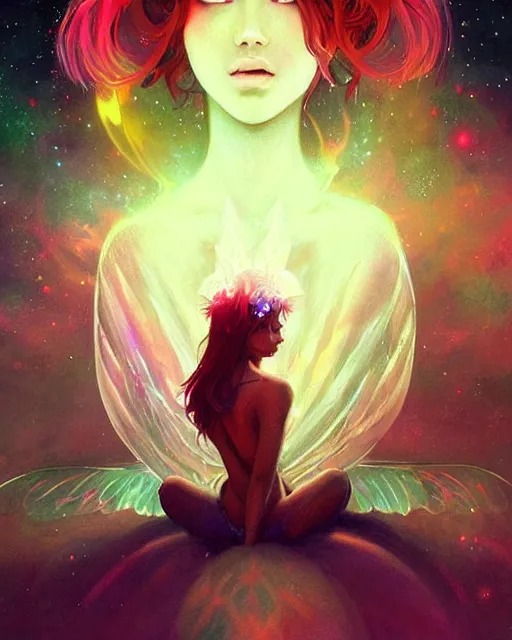 Image similar to a detailed digital art of an attractive!!!! girl with psychedelic! fairy wings sitting under the night sky and holding!! a crystal!! containing all of reality and galaxies, by greg rutkowski artgerm ilya kuvshinov. dramatic lighting, cinematic angle, heavy contrast