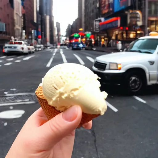 Prompt: an angry god looking at his tiny ice cream cone in nyc.