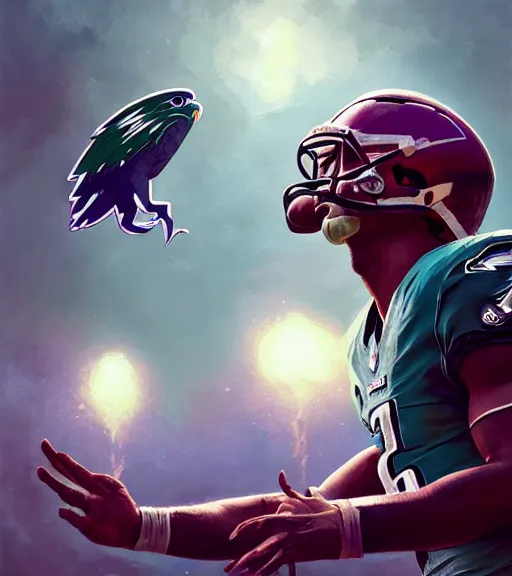 Image similar to highly detailed portrait of jalen hurts, philadelphia eagles football, unreal engine, fantasy art by greg rutkowski, loish, rhads, ferdinand knab, makoto shinkai and lois van baarle, ilya kuvshinov, rossdraws, tom bagshaw, global illumination, radiant light, detailed and intricate environment