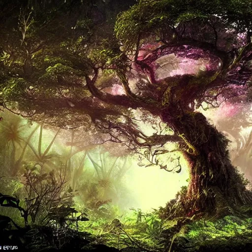 Image similar to horrific, spectacular tree in a densely overgrown jungle, fantasy, dreamlike sunraise, ultra realistic, atmospheric, stopped in time, epic