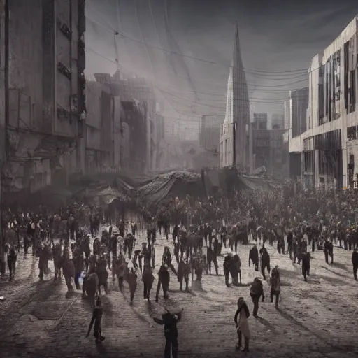 Image similar to hordes of drone-like people aimlessly walking around a depressing dystopian cityscape , trending on artststion, hyper realistic, surreal, melancholic, 8k, upscaled