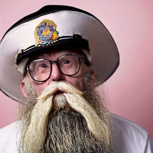 Prompt: a portrait of a wood-carved, painted, pastel colored, wooden, old-age, grumpy ship captain, white beard and mustache, pastel black uniform, tobacco pipe on his mouth, looking straight at the camera, children's toy, studio lighting, sharp