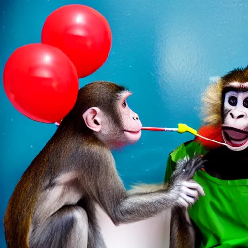 Prompt: a photo of a monkey dentist with clown paint, sidelit