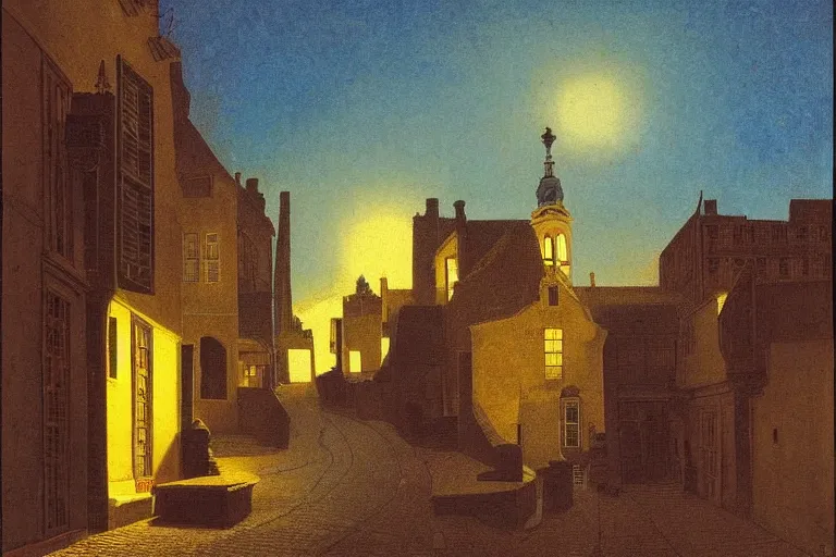 Image similar to winding street at midnight in a very old very beautiful city by George Price Boyce and Vermeer and Maxfield Parrish, glowing paper lanterns, strong dramatic cinematic lighting , ornate tiled architecture, lost civilizations, smooth, sharp focus, extremely detailed