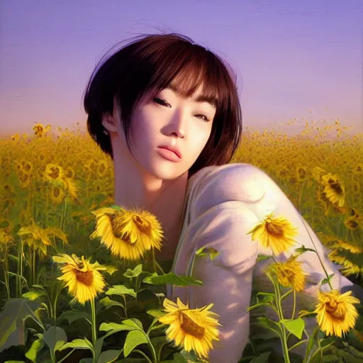 Prompt: oil painting by ilya kuvshinov,, baugh casey, rhads, coby whitmore, of a youthful japanese idol, long hair, in fetal position, outdoors in a bed of grass amidst a sunflower field, highly detailed, breathtaking face, studio photography, dawn, intense subsurface scattering, blush, supple look, innocence, intense sunlight