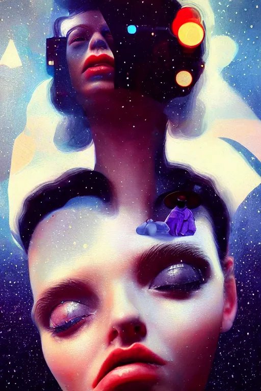 Prompt: 3 d, close - up, sleepy fashion model, plastic, deep night, stars, poster art, intricate oil painting, high detail, figurative art, multiple exposure, poster art, 3 d, by stanley kubrick and tooth wu and wlop and beeple