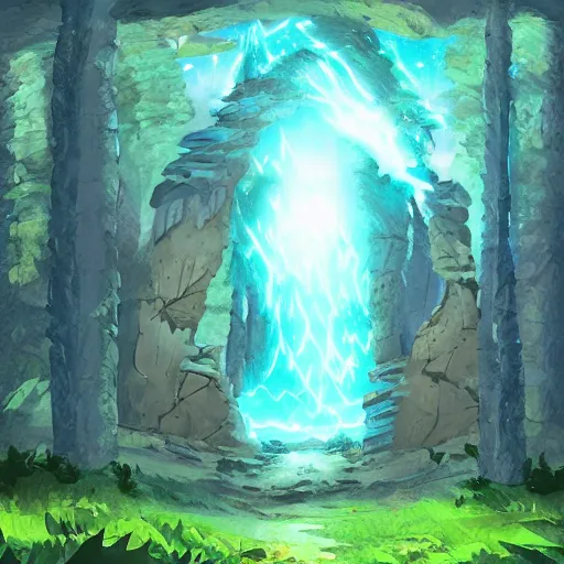 Prompt: a portal in ruins, glowing with its final power. in a landscape like forest. in the style of studio ghibli