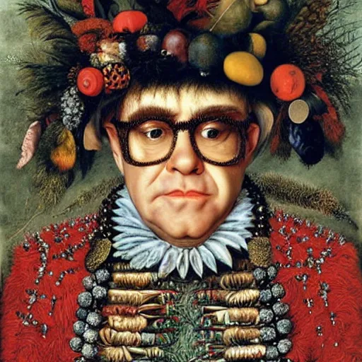 Prompt: portrait of Elton John by Giuseppe Arcimboldo