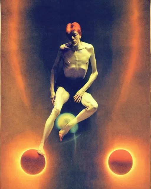 Prompt: david bowie as a ziggy stardust levitating and surrounded by transcendental light by jean auguste dominique ingres by agnes pelton, luminous orbs, labyrinthine, mystical