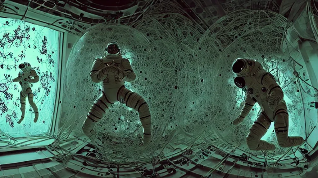 Image similar to a cybernetic symbiosis of a single astronaut eva suit swimming in infected with diamond 3d fractal lace iridescent bubble 3d skin covered with insectoid compound eye camera lenses floats through the living room, film still from the movie directed by Denis Villeneuve with art direction by Salvador Dalí, wide lens,