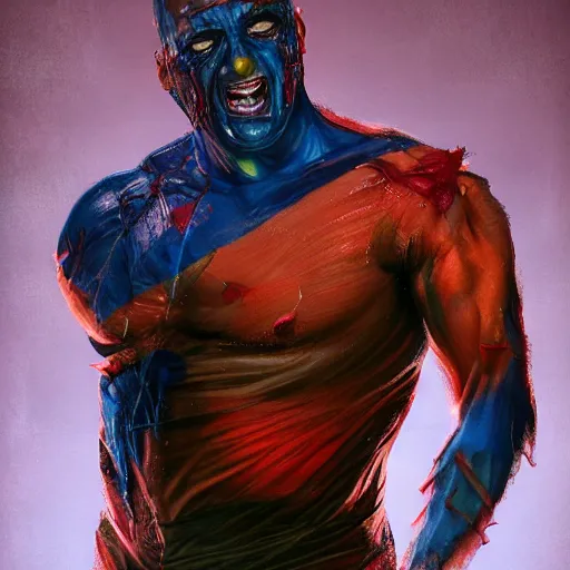 Prompt: Bright, colorful, realistic super hero Serial killer rpg single individual full body and head shot gore covered with scars and tattoos screaming, backlighting, kodachrome, high contrast, highly detailed, sharp focus, digital painting, concept art, illustration, trending on artstation, comic book by Alex Ross cover art