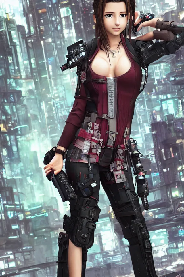 Image similar to Aerith from Final Fantasy wearing cyberpunk plugsuit