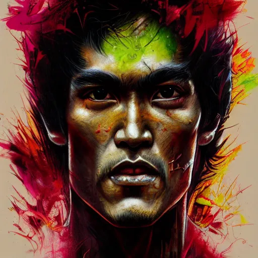 Image similar to a demon slayer portrait of bruce lee, tall, pale - skinned, and slender with lime green eyes and long eyelashes by stanley artgerm, tom bagshaw, arthur adams, carne griffiths, trending on deviant art, street art, face enhance, chillwave, maximalist, full of color, glittering