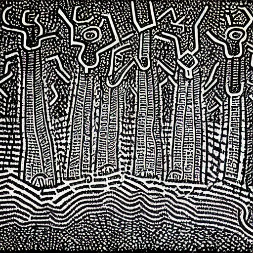 Image similar to spiral trees in a dense forest by keith haring