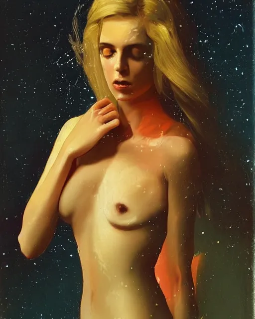 Image similar to a beautiful and eerie baroque painting of a gorgeous young woman in dead space, with wild blonde hair and haunted eyes, 1 9 7 0 s, space station, neon light showing injuries, delicate ex embellishments, painterly, offset printing technique, by brom, robert henri, walter popp