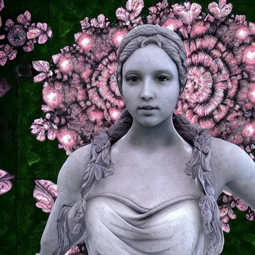 Image similar to an idealistic marble statue with fractal flowery hair in a fractal garden, unreal engine, 8k render, beautiful, full frame,