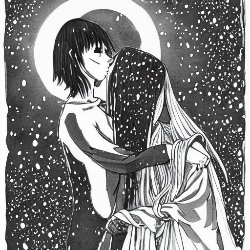 Image similar to ghibli style illustration of the personification of light and the personification of darkness kissing