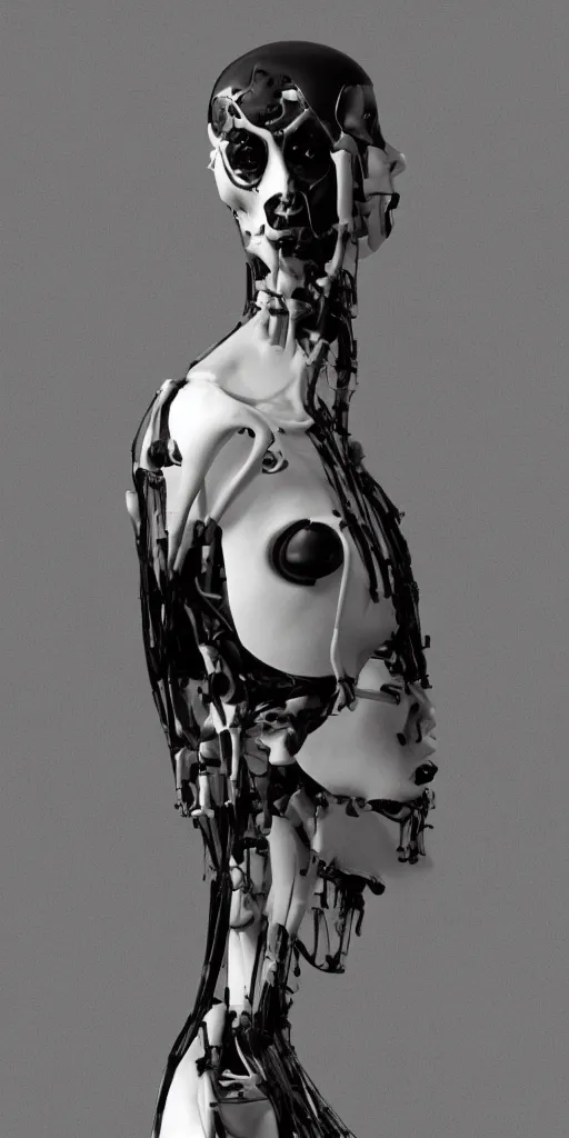Image similar to black and white dreamy foggy smoky profile face portrait, single skeletal biomechanical beautiful young female cyclops - cyborg - robot bust, body ribs meshes,, volumetric light, rim light, by dora maar and cecile beaton, big gothic fashion pearl embroidered collar, 8 k