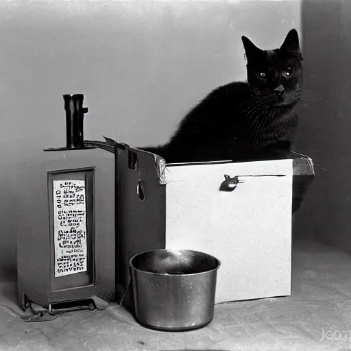 Image similar to full - color 1 9 3 5 photo of schrodinger's cat inside the experimental box. the cat is alive and dead at the same time. the box contains a flask of poison and a radioactive source and a geiger counter. the flask is broken or unbroken. professional science - journal photography.