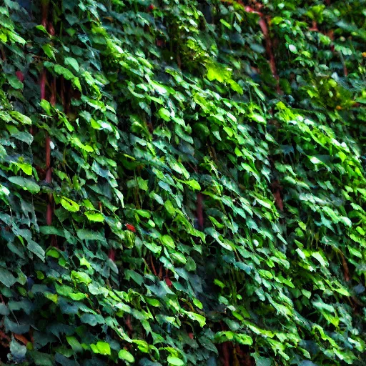 Prompt: photo realistic, high level of detail, high resolution : ( subject = steel pillar + ( object = vines + object detail = green, lush ) + subject detail = red, faint glow, very tall, towering ) + ( perspective = diminishing scale + low focal point, low focus distance, low angle shot )