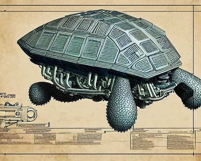 Image similar to a full page of a mechanical blueprint showing a cutaway design for a mechanized tortoise from howl's moving castle ( 2 0 0 4 ), with a big head, muted colors, post grunge, studio ghibli, hq,